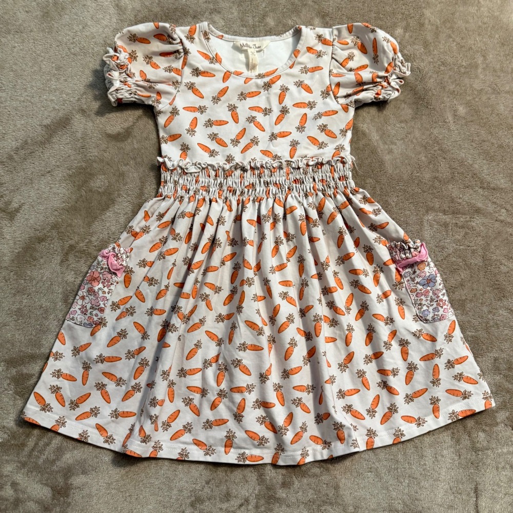 Matilda Jane Girls Cream Carrot Print Dress Floral Pockets Easter Spring Size 6Y